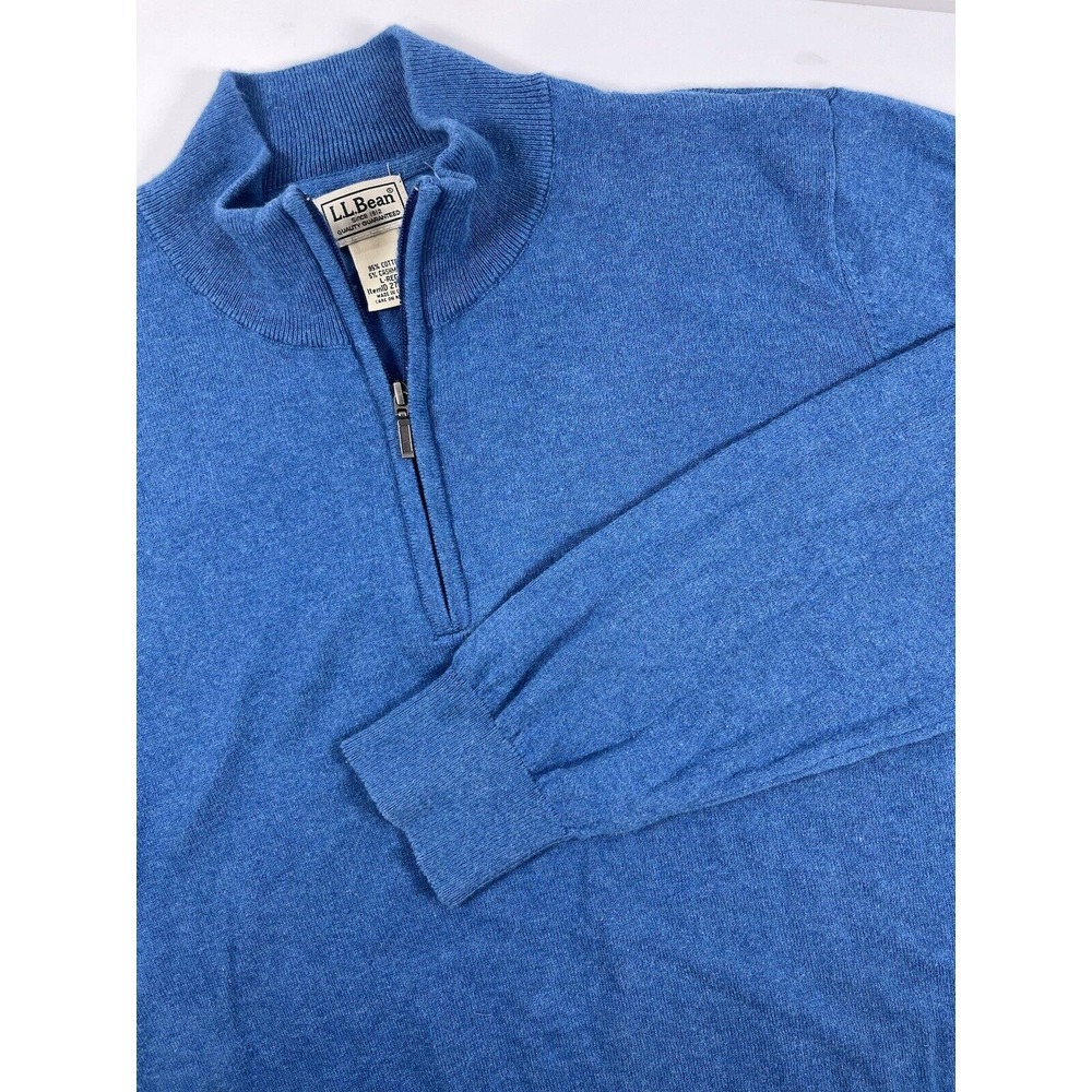 LL Bean Mens Sweater Sz L Cashmere Cotton Blue Pullover Casual 1/4 Zip Outdoor